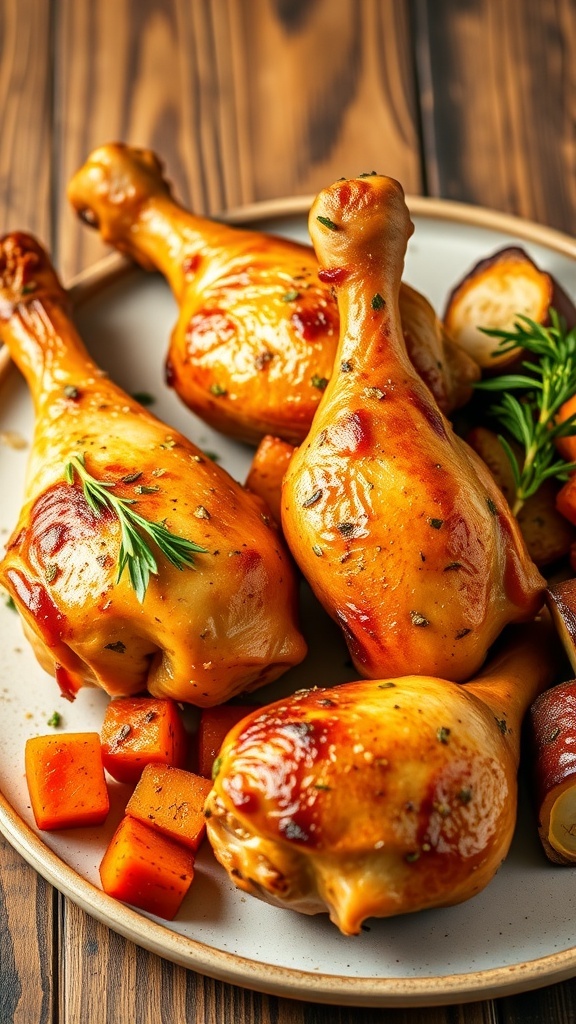 Baking Chicken Drumsticks: Cooking Time and Tips Baked chicken drumsticks on a plate, garnished with herbs, served with roasted vegetables.